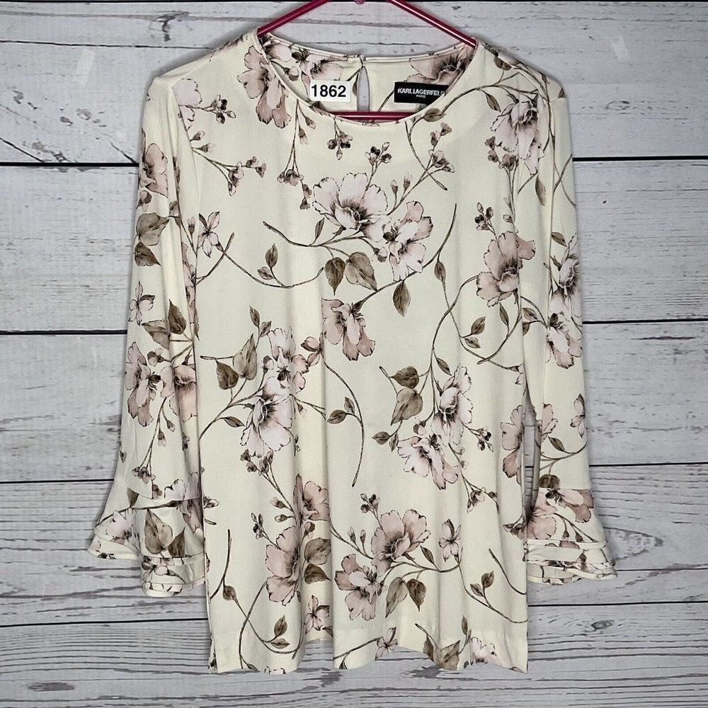 Karl Lagerfeld Paris Women's Cream Floral Bell Sleeve Blouse Tunic Top Size S
